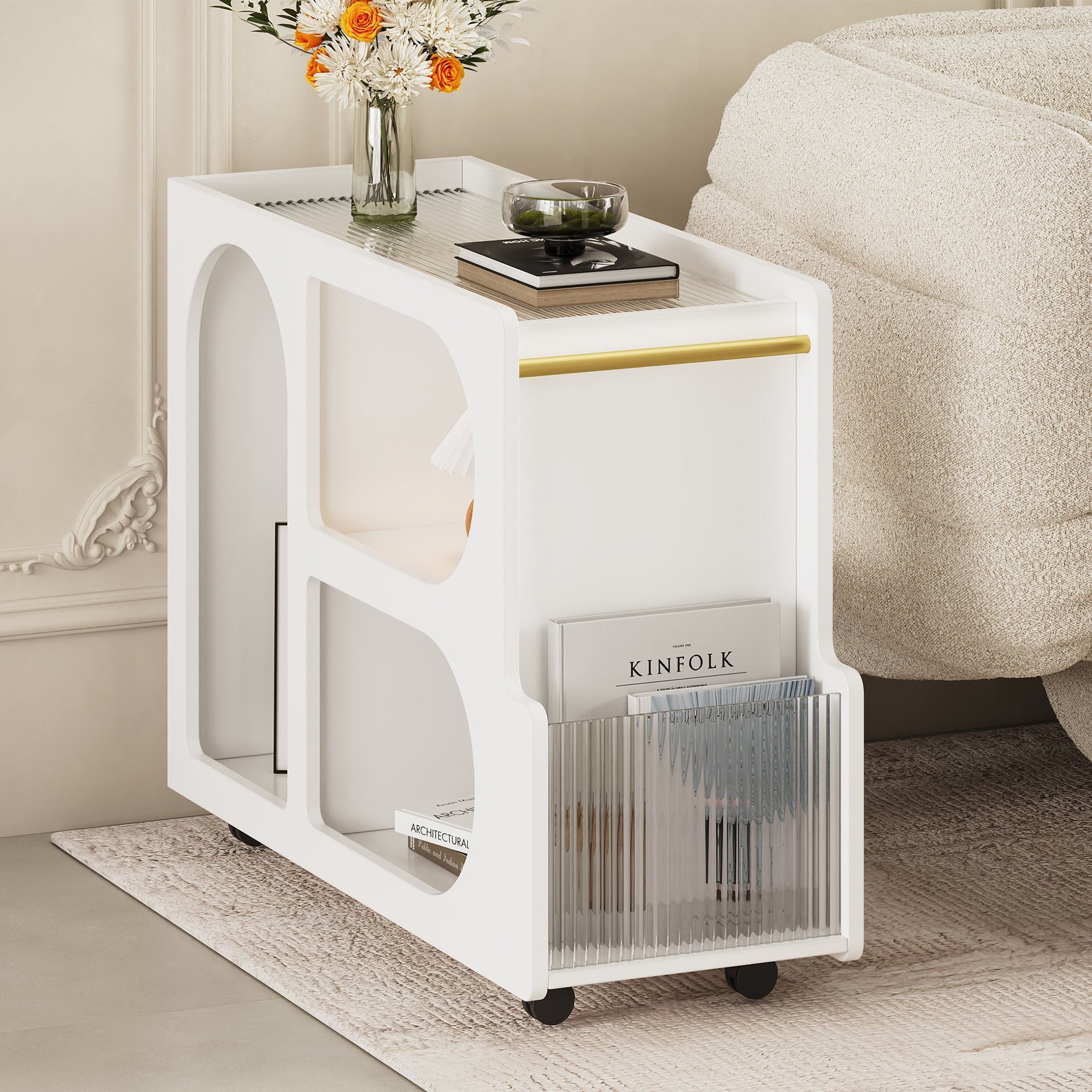 Stylish mobile desk with lockable wheels, white bedside table with 5mm thick grooved tempered glass and gold round bars
