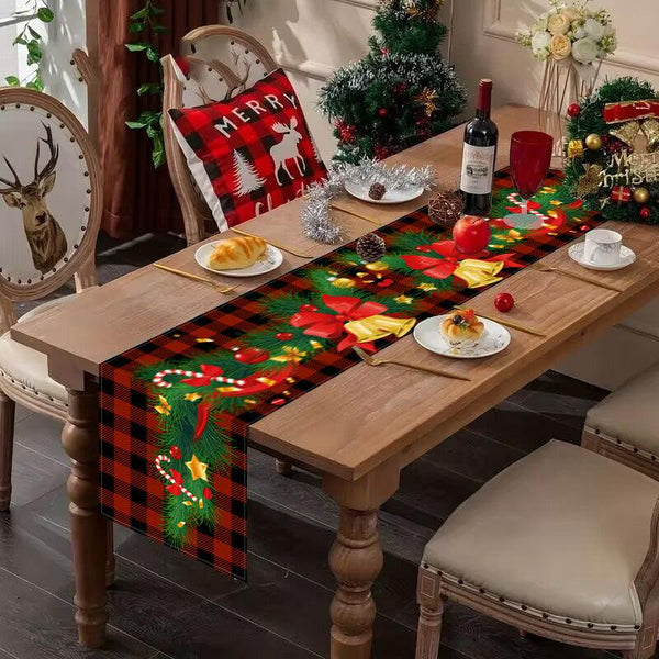 New Christmas table flag white linen bell printed tablecloth red and black checkered home decoration tablecloth pad
