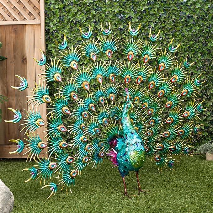 Alpine Corporation HEH376 Jumbo Sized Iron Majestic Peacock Decor, Elegant Garden & Patio Bird Statue, 55