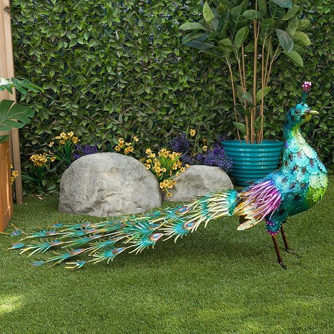 Alpine Corporation HEH378 Metal Jumbo Sized Majestic Peacock Decor, Elegant Garden & Patio Bird Statue, 33
