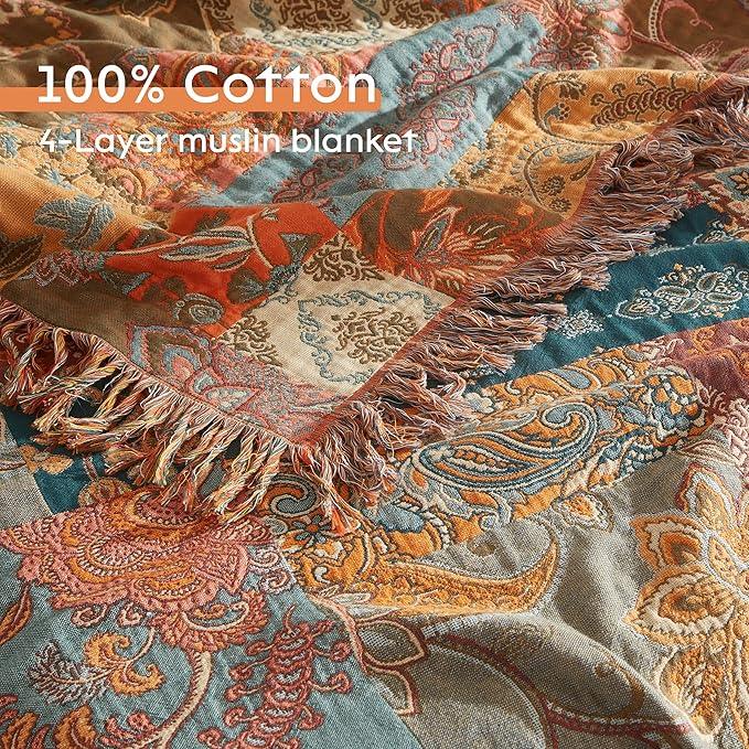 Boho Throw Blanket for Bed 90”x98”, 100% Cotton Woven Blanket for Couch Sofa, Ultra Soft 4-Layer Muslin Quilt with Patchwork Floral Printed, Farmhouse Bed Blanket/Cover for Living Room Decor