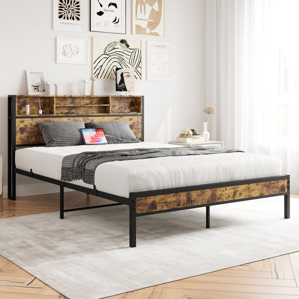 Queen Bed Frame with Storage Headboard Metal Platform Bed with Charging Station Bookcase Storage Black