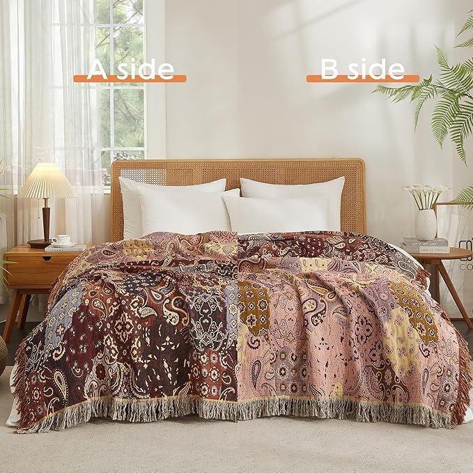 Boho Throw Blanket for Bed 60”x80”, 100% Cotton Woven Blanket for Couch Sofa, Ultra Soft 4-Layer Muslin Quilt with Patchwork Floral Printed, Farmhouse Bed Blanket/Cover for Living Room Decor