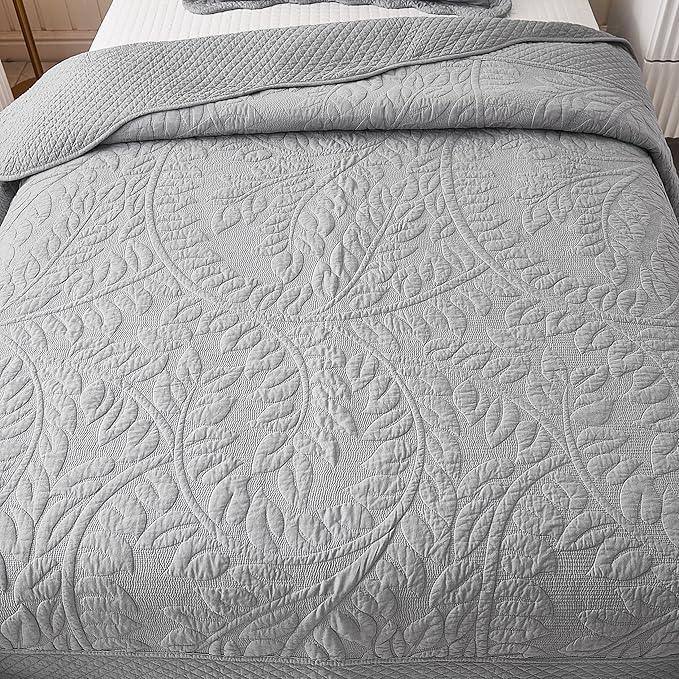 MarCielo 3-Piece 100% Cotton Oversized Bedspread Lightweight Quilt Coverlet Embroidery Farmhouse Bedding Set T0 (Light Grey, Twin (68