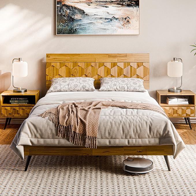 Bme Georgina Solid Wood Nightstand With 1 Drawer & Open Shelf- Fully Assembled Mid Century Modern Side Table - Geometric Pattern Bedside Dresser for Bedroom and Living Room