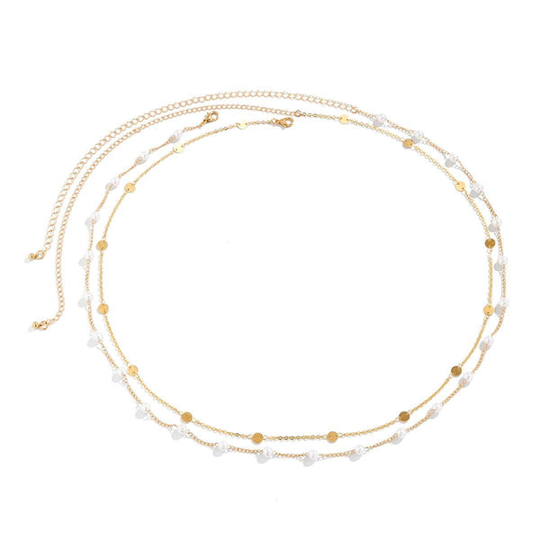Double layered waist chain, geometric sequins, waist chain, beach party, imitation pearl body chain, fashionable