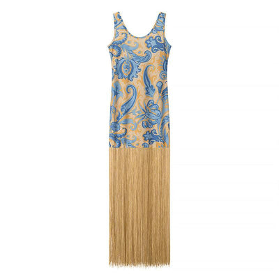 Elegant Sleeveless Printed Tassel Spliced Dress with Style
