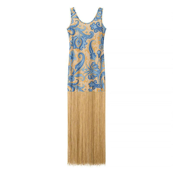 Elegant Sleeveless Printed Tassel Spliced Dress with Style