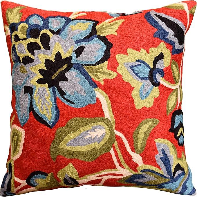 Red Floral Pillow Cover Hand Embroidered Flower Throw Pillowcase Floral Outdoor Cushion Suzani Cushions Modern Flowery Chair Hand Embroidered Wool Size 18x18