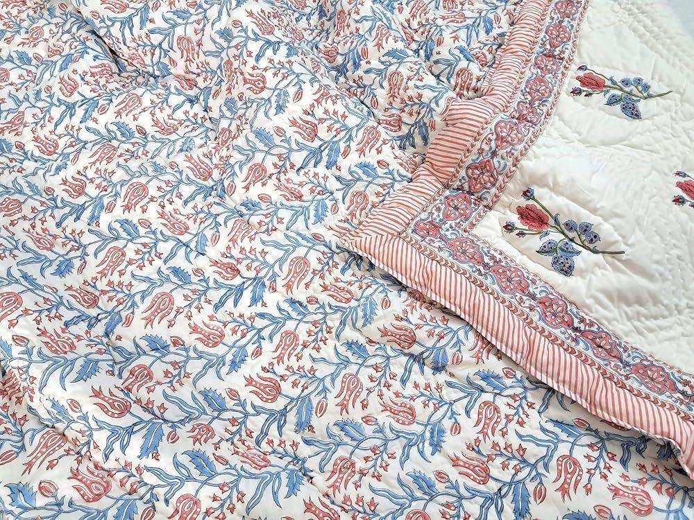 Queen Size Rose Pink Cotton Throw Blanket – Hand Block Printed 90x108 Bedspread – Lightweight Soft Quilt for Sofa, Couch, or Bed – Cozy All-Season Boho Blanket