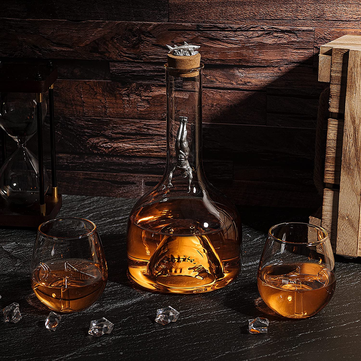 Shark Wine & Whiskey Decanter & Glasses Set by The Wine Savant - 1000ml Shark Decanter with 2 10oz Glasses - Shark Figurine, Aquatic Home Decor, Whiskey Gifts for Sea Lovers, Nautical Gifts, Gift Set
