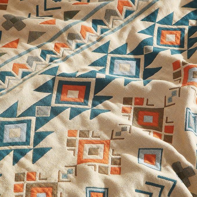 Boho Throw Blanket for Bed 90”x98”, 100% Cotton Woven Blanket for Couch Sofa, Ultra Soft 4-Layer Muslin Quilt with Diamond Pattern, Farmhouse Bed Blanket/Cover for Living Room Decor