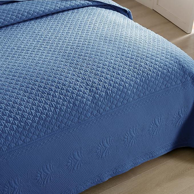 MarCielo 3-Piece 100% Cotton Oversized Bedspread Lightweight Quilt Coverlet Embroidery Farmhouse Bedding Set (TM Midtone Blue, Oversized King (118