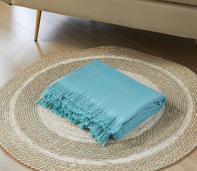 100% Cotton Muslin Throw Blanket for Bed, Couch, Small, Decorative, Soft, Pre-Washed, Breathable and Lightweight Gauze Blanket with Fringes, Suitable for All Seasons, Teal, 50