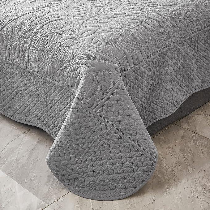 MarCielo 3-Piece 100% Cotton Oversized Bedspread Lightweight Quilt Coverlet Embroidery Farmhouse Bedding Set T0 (Light Grey, Twin (68