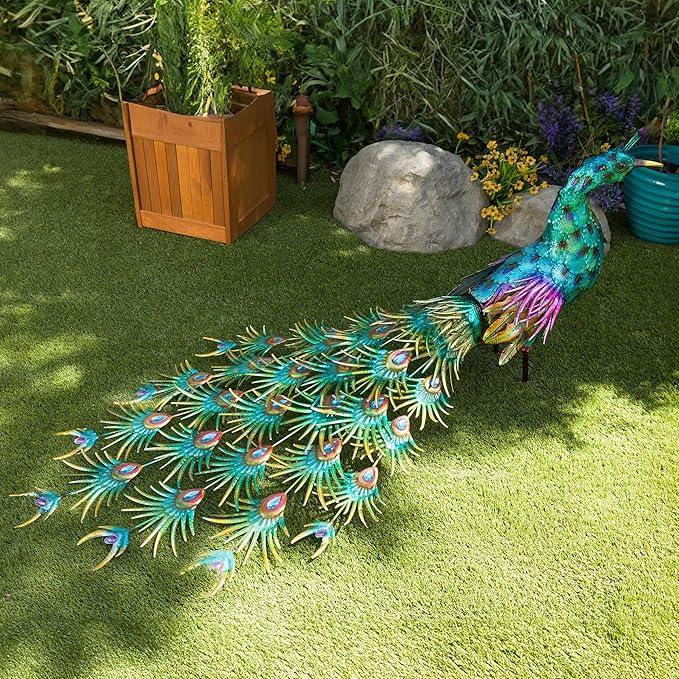 Alpine Corporation HEH378 Metal Jumbo Sized Majestic Peacock Decor, Elegant Garden & Patio Bird Statue, 33