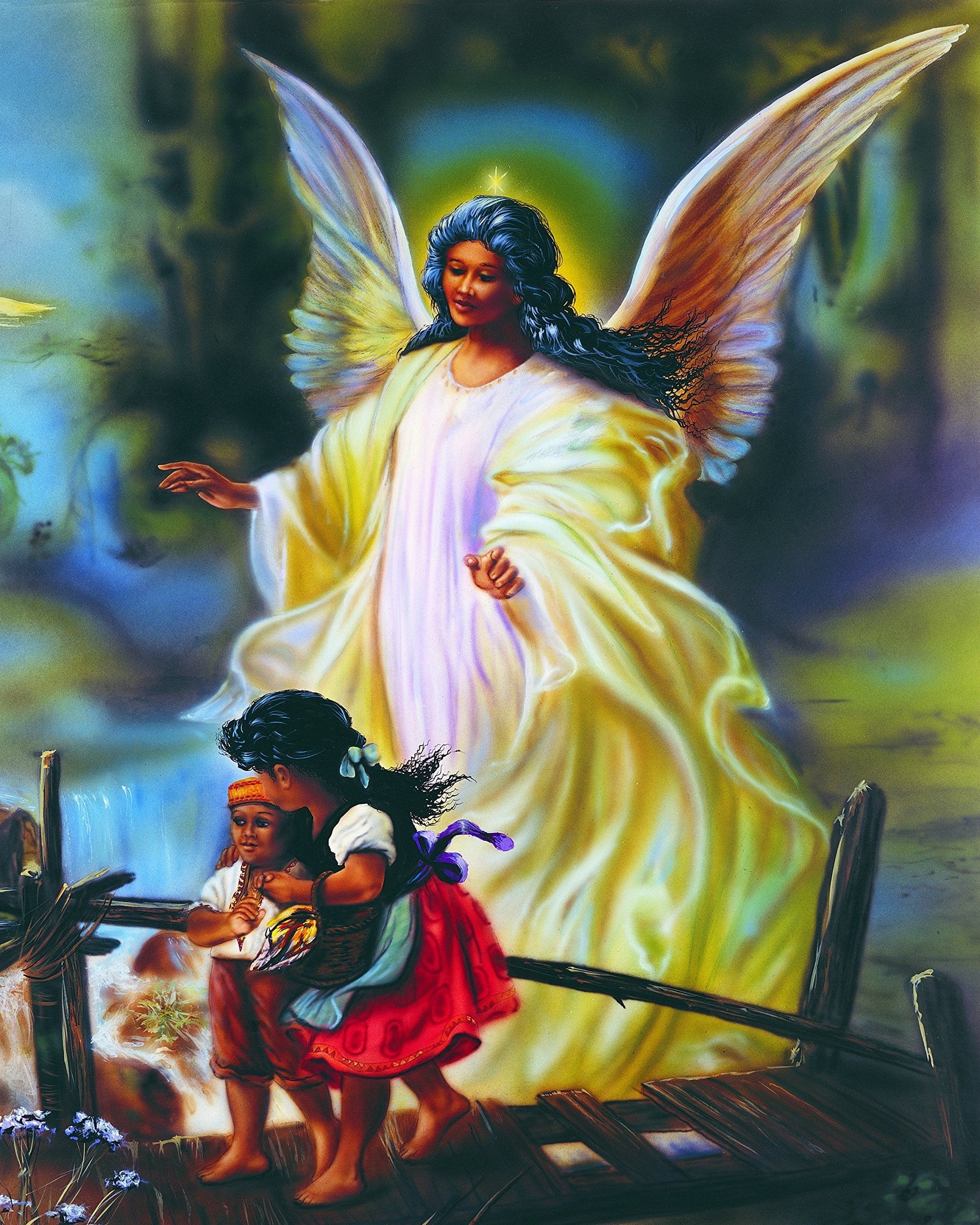Guardian Angel Art Print – African American Vivid Religious Wall Decor 16x20