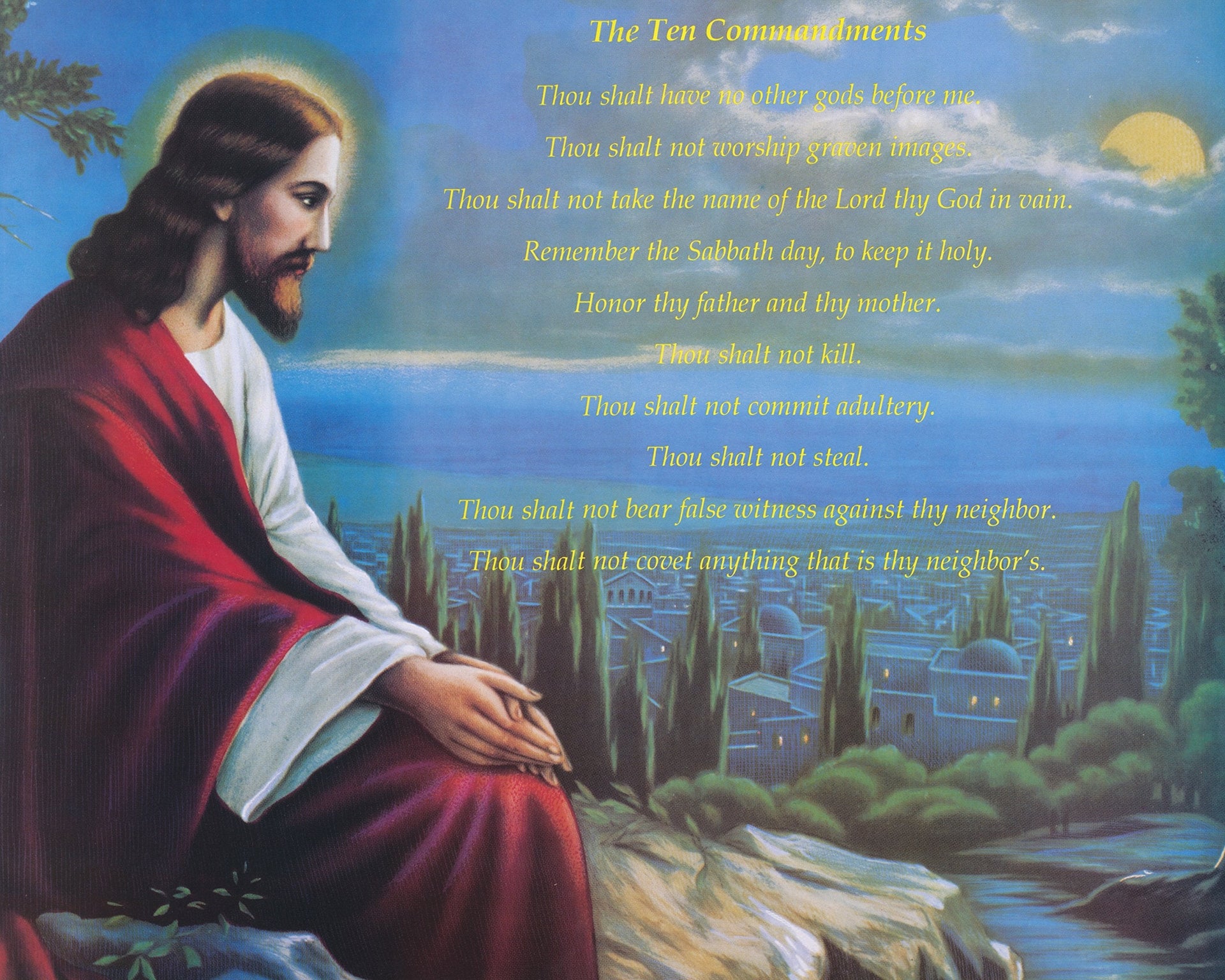 Religious Wall Art – Ten Commandments Print with Jesus Praying in Red Robe 16x20