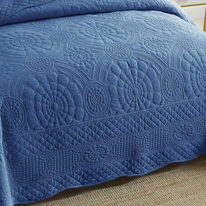 MarCielo 3-Piece 100% Cotton Oversized Bedspread Lightweight Quilt Coverlet Embroidery Farmhouse Bedding Set (Tf Midtone Blue, Oversized Queen (100