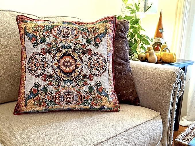 Tache Rococo Elegant Ornate Ivory Colorful Paisley Cotton Linen 18x18 Tapestry Woven Cushion Throw Pillow Cover 2 Pieces
