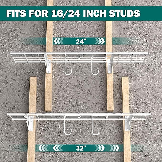 EVERHANGER Garage Wall Shelves, 12 X 48 Inch Wall Mounted Storage Shelves, Heavy Duty Metal Shelving with Hooks, 2 Pack, White