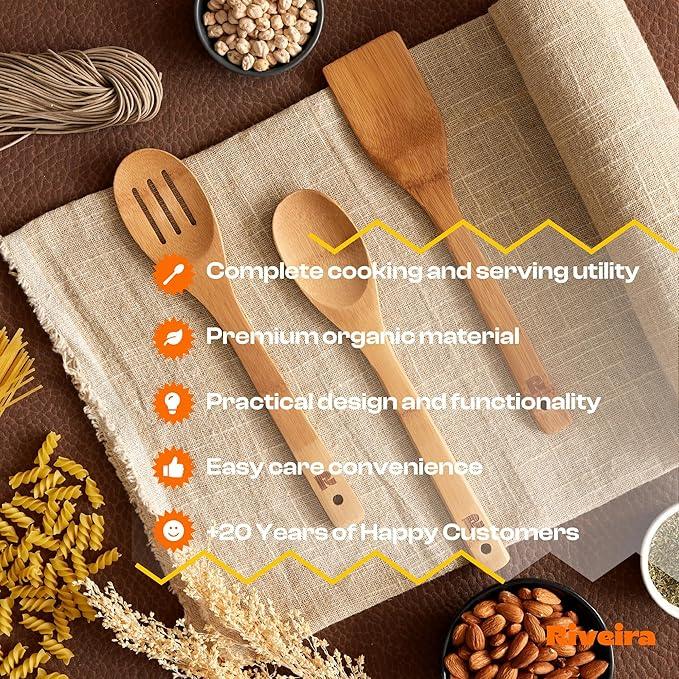 Riveira Dark Bamboo Wooden Spoons for Cooking 3-Piece, Apartment Essentials Wood Spatula Spoon Nonstick Kitchen Utensil Set Premium Quality Housewarming Gifts for Everyday Use