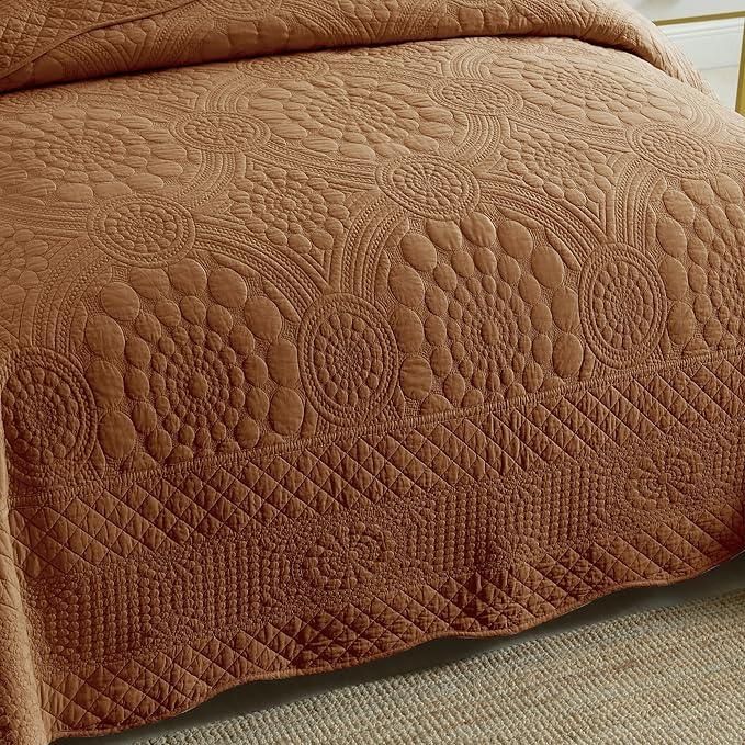 MarCielo 3-Piece 100% Cotton Oversized Bedspread Lightweight Quilt Coverlet Embroidery Farmhouse Bedding Set (Tf Dusty Orange, Oversized Queen (100