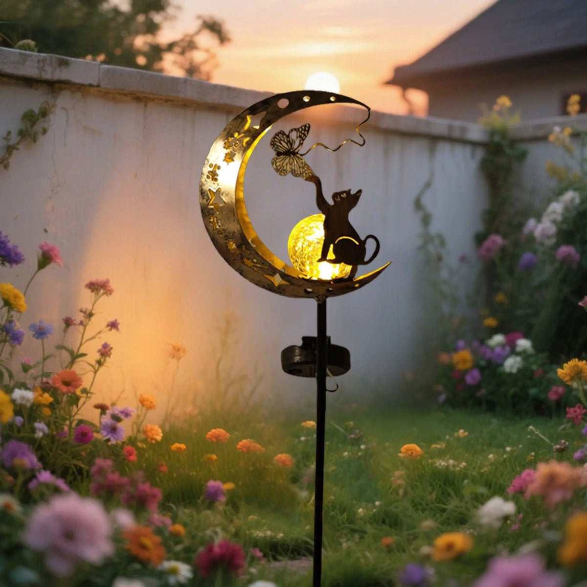1 PC Cat Moon-Shaped Iron Solar Lamp Outdoor Garden