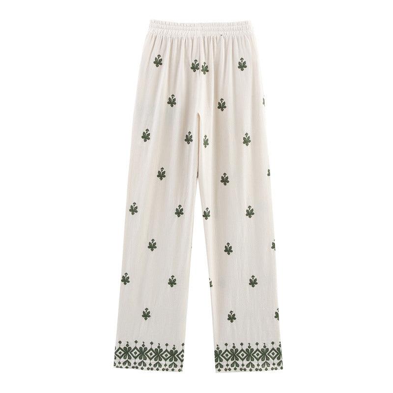Elastic Waist Tied Embroidered Wide Leg Pants for WomenStyle Fashion Casual