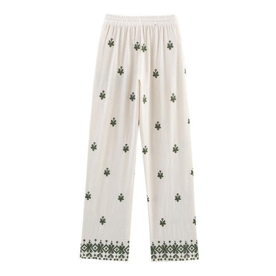 Elastic Waist Tied Embroidered Wide Leg Pants for WomenStyle Fashion Casual