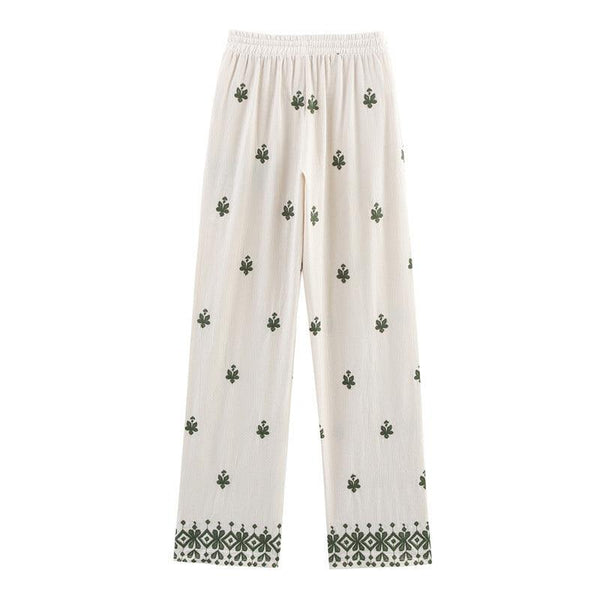 Elastic Waist Tied Embroidered Wide Leg Pants for WomenStyle Fashion Casual
