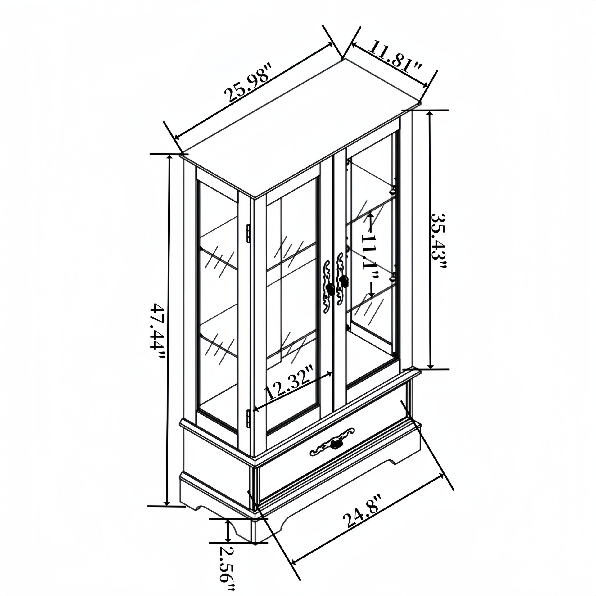 Light colored glass cabinet with adjustable glass frame, including cabinet light bulbs OAK with 2 doors and 1 drawer