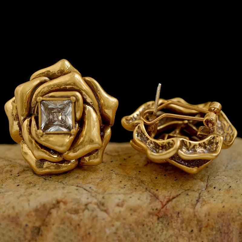 Brass Gold Color Metal Rose Flower Stud Earrings Geometry Zircon Shiny for Women Girls Jewelry Gifts Europe and America