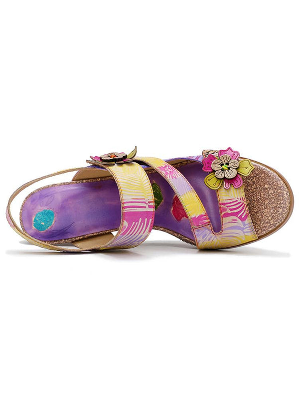 Handmade Leather Colored Stripe Heel Comfy Sandals