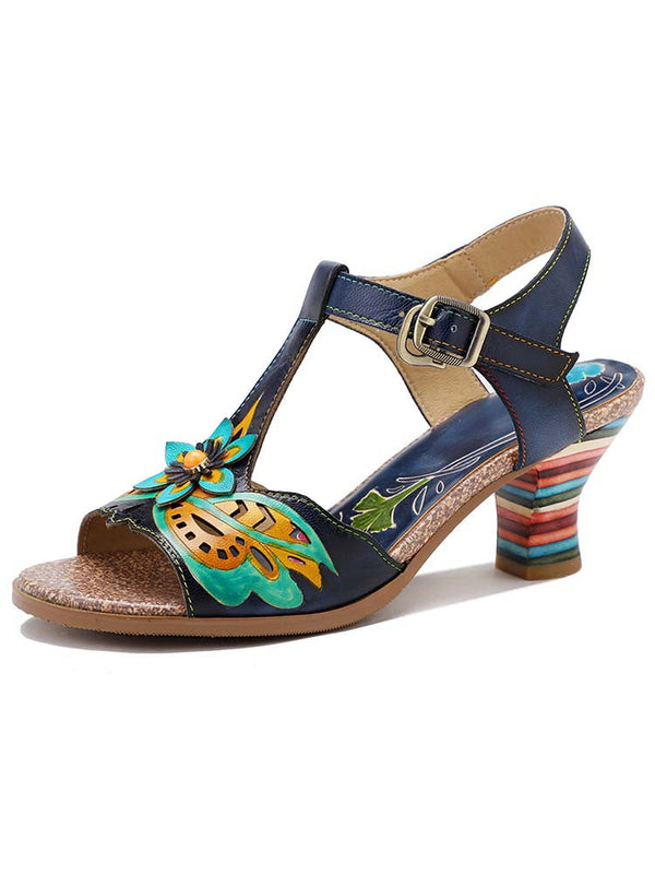 Retro Handmade Colored Stripe Heel Comfy Sandals