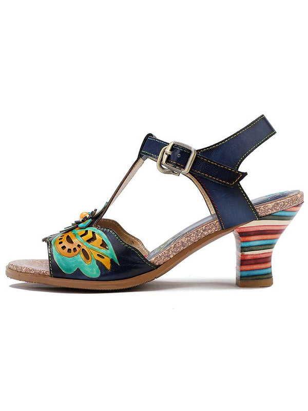 Retro Handmade Colored Stripe Heel Comfy Sandals