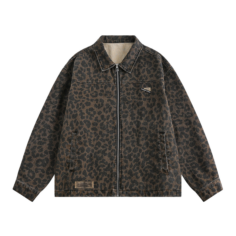 Leopard Print Denim Jacket   Style Men's Punk Spring and Autumn Loose Casual Washed Open Front Zipper Collar Outerwear