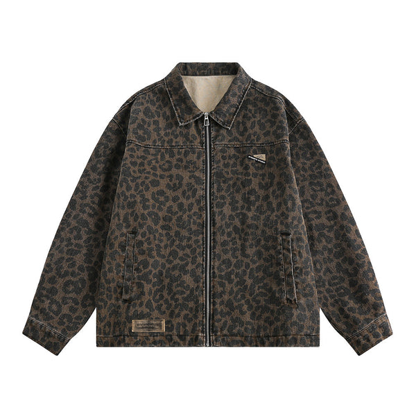 Leopard Print Denim Jacket   Style Men's Punk Spring and Autumn Loose Casual Washed Open Front Zipper Collar Outerwear