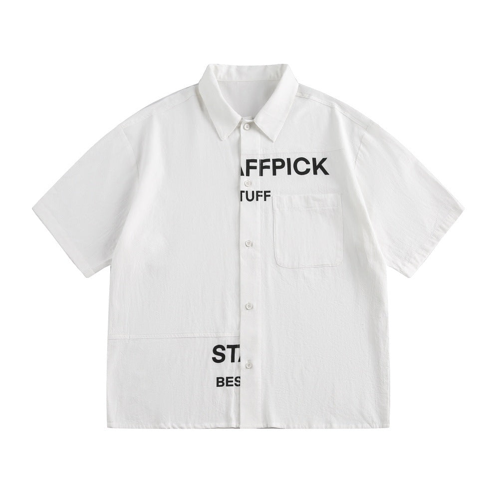 Alphabet Print Short Sleeve Shirt Workwear Japanese Style Loose Casual Design Summer Collar Shirt Men's Trendy