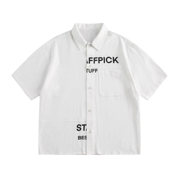 Alphabet Print Short Sleeve Shirt Workwear Japanese Style Loose Casual Design Summer Collar Shirt Men's Trendy