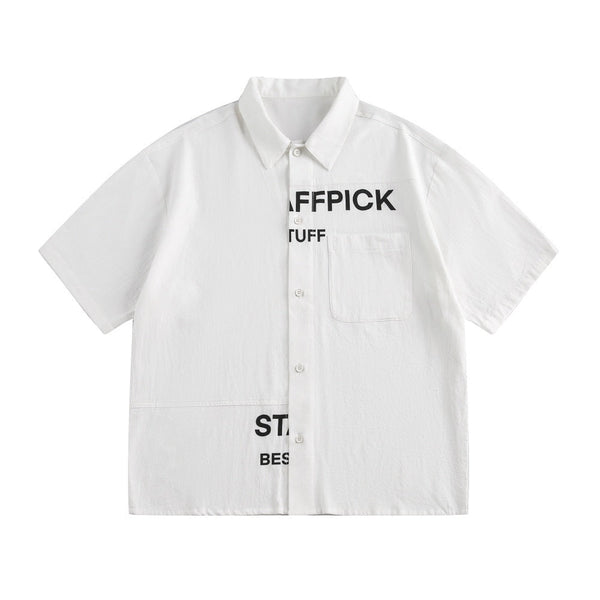 Alphabet Print Short Sleeve Shirt Workwear Japanese Style Loose Casual Design Summer Collar Shirt Men's Trendy