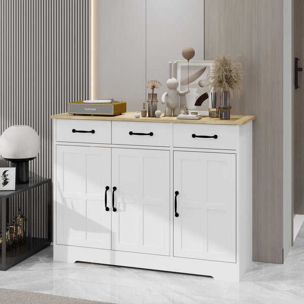 Farmhouse Buffet Cabinet Storage Sideboard with 3 Drawers and 3 Doors for Dining Living Room Kitchen Cupboard-White
