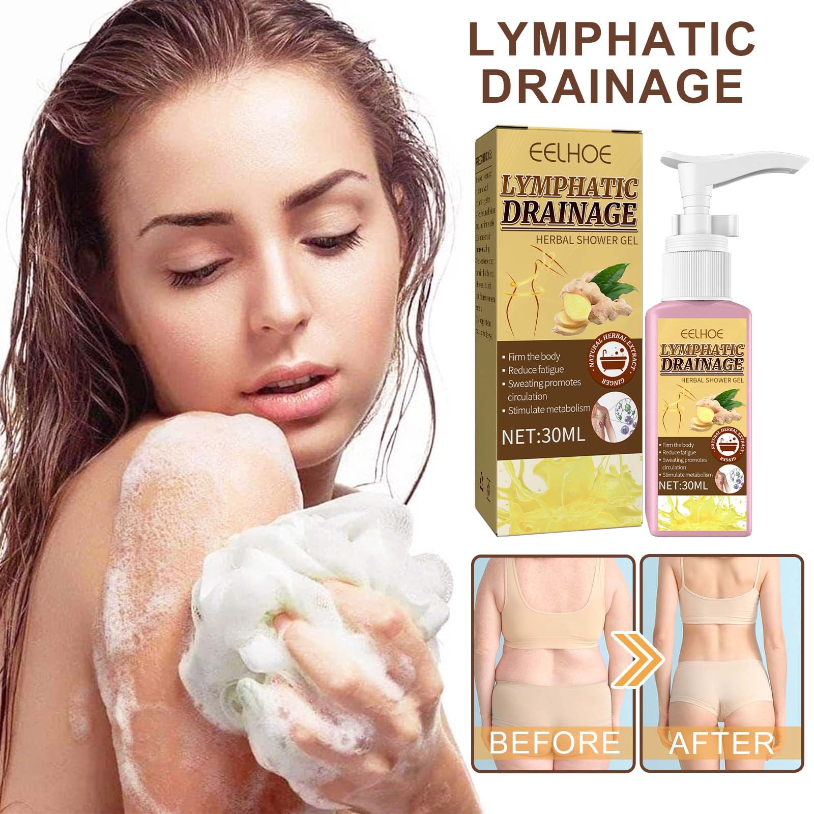 Lymphatic Drainage Herbal Shower Gel, Deep Cleaning, Waist Shaping, Body Shaping, Skin Tightening, Tummy Tightening And Ginger Essence Moisturizing