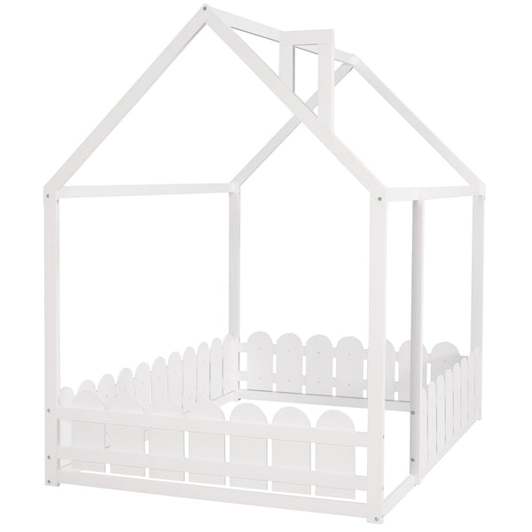 (Slats are not included) Full Size Wood Bed House Bed Frame with Fence for Kids Teens Girls Boys (White ) - Gifts for You 'n Me