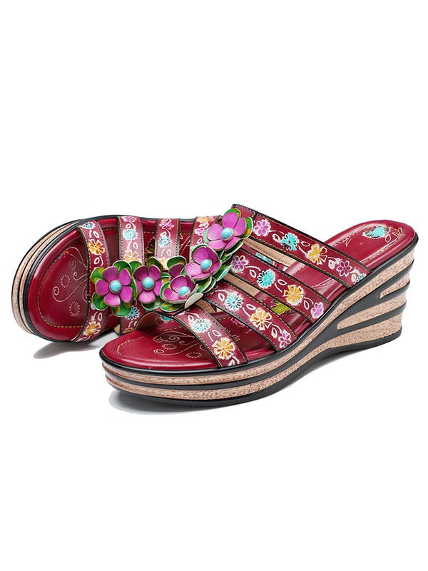 Triple Flowers Purle Wedge Slippers