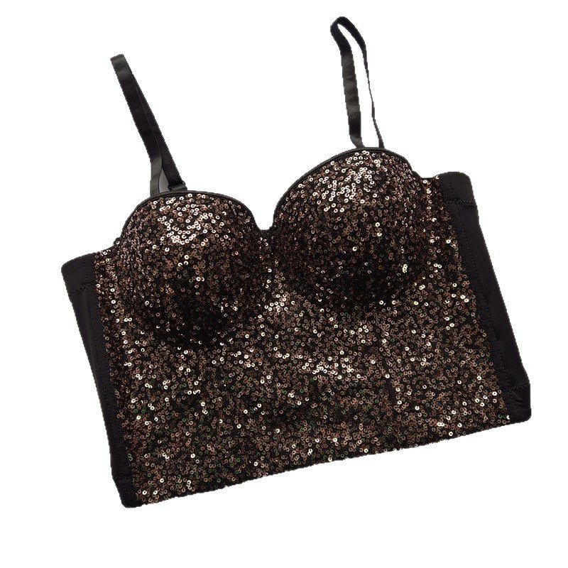Sexy strapless sequins slim fit and slimming waist tied vest with camisole straps