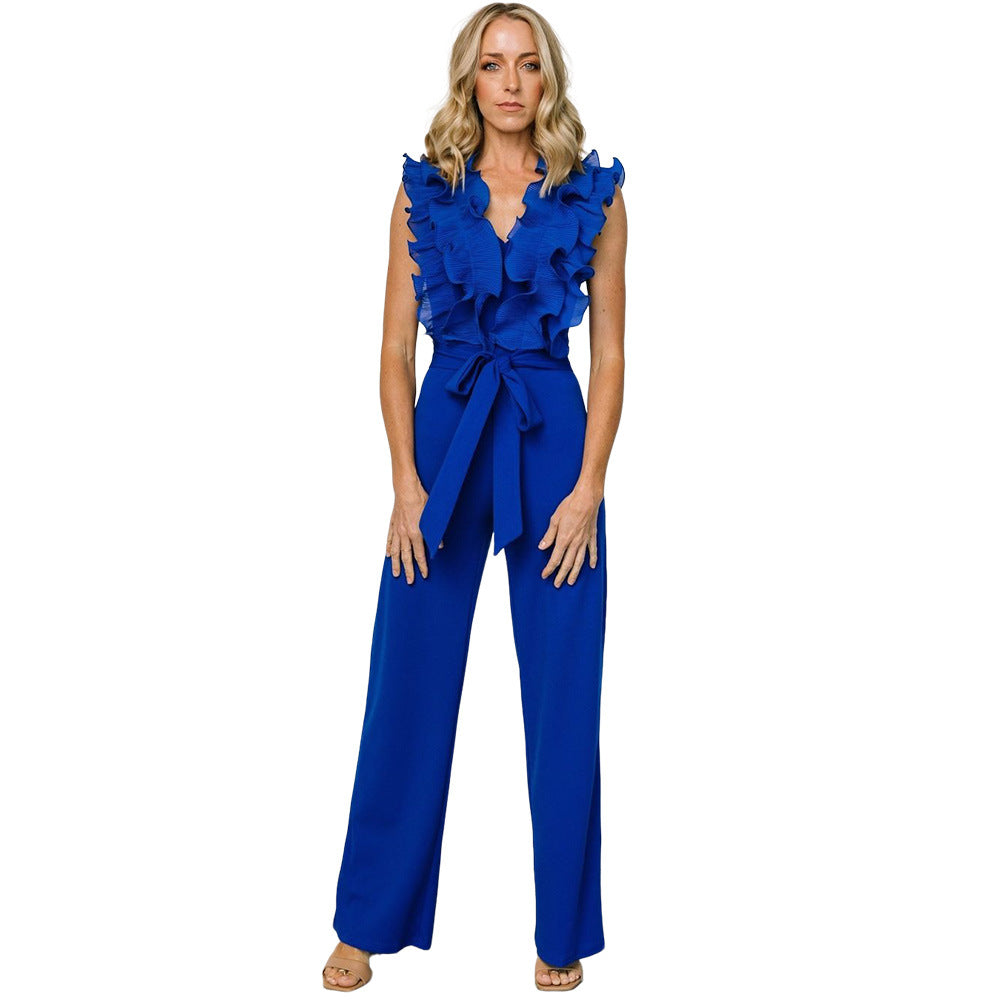 Sexy V-neck Backless Ruffle Tie-up Jumpsuit Casual Long Comfortable Fitted Women's Clothing
