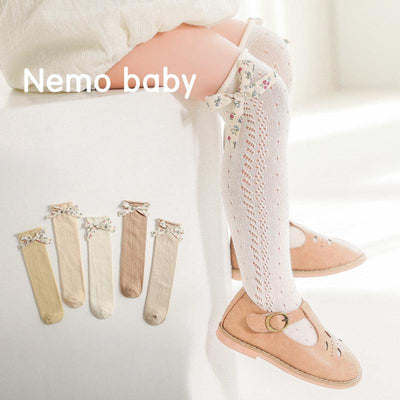 Hollow Mesh Floral Bow Princess Socks Combed Cotton Girls Stockings