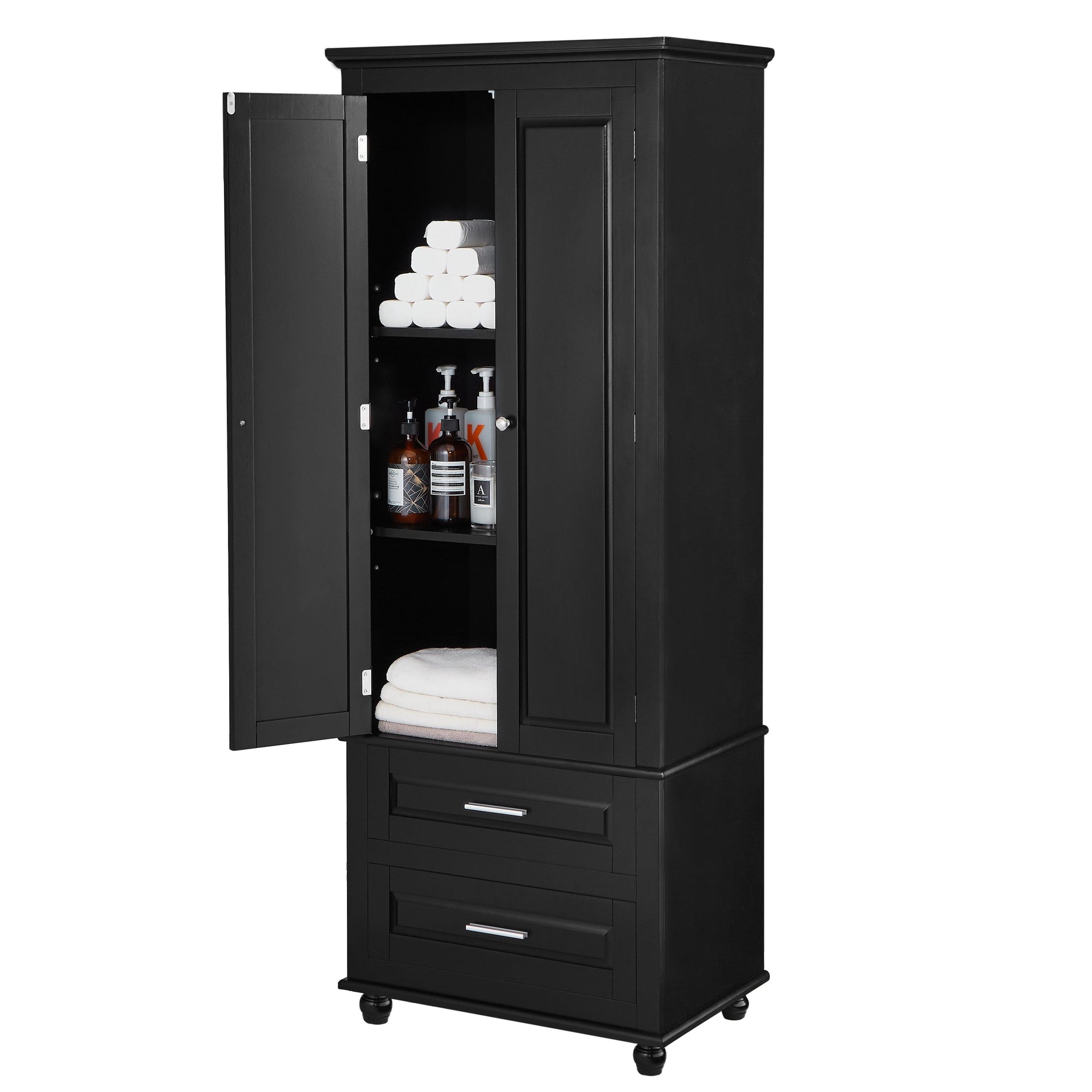 Tall Storage Cabinet with Two Drawers for Bathroom/Office, Black