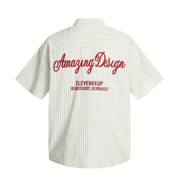 American Style Trendy Vertical Striped Embroidered Letter Short Sleeve Shirt Men's Loose Design Pockets Turn-Down Collar Shirt Summer